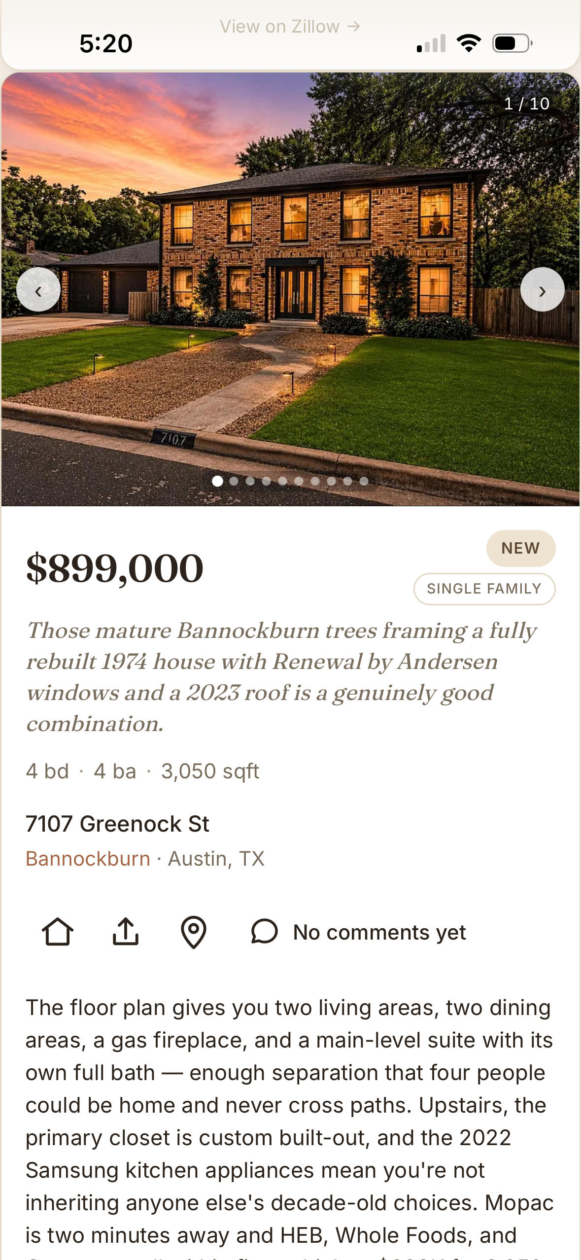 A listing card with an italic editor's hook below the price