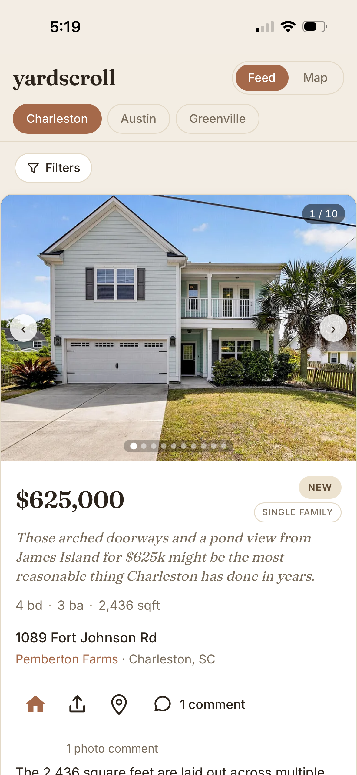 Yardscroll feed view showing a Charleston listing